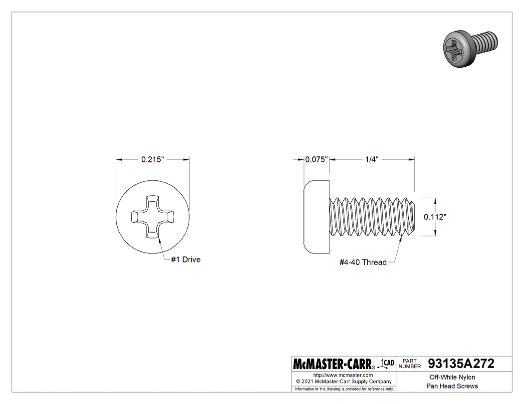 Technical Drawing of Nylon Pan Head Screws, Phillips, 4-40 Thread, 1/4" Long.